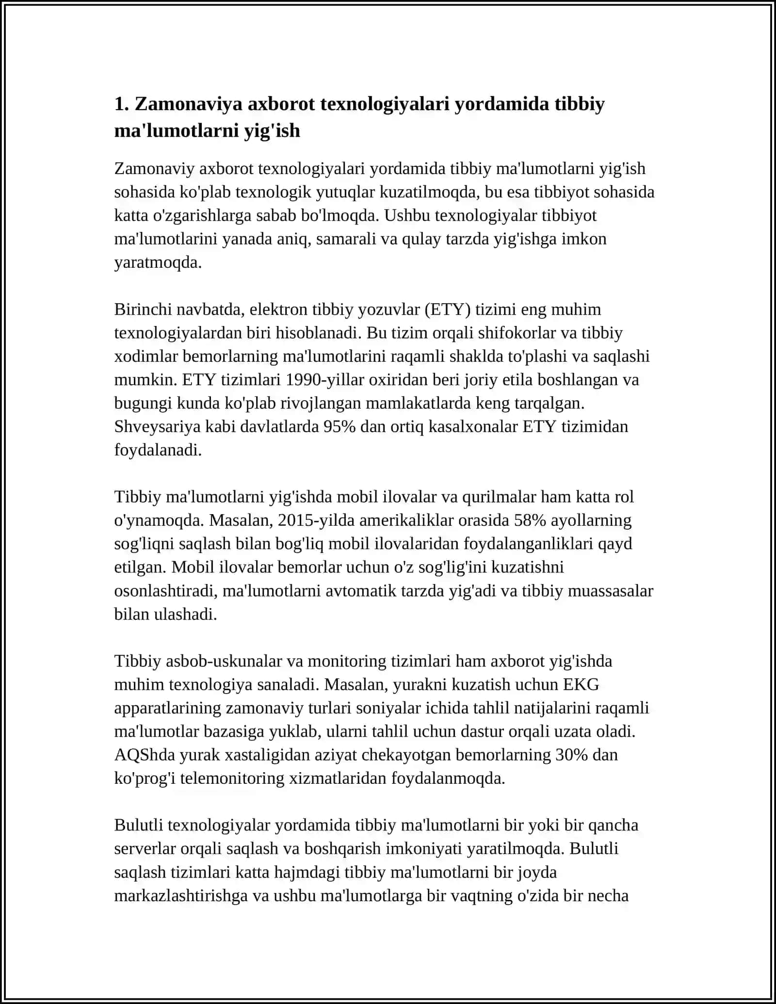 ZAMONAVIY AXBOROT TEXNOLOGIYALARINING BUGUNGI KUNDA FOYDALANISH DARAJASI ULARNI TIBBIYOTNING TURLI SOXALARIDA MAʼLUMOT TOʻPLASHDA DIAGNOSTIKA VA DAVOLASHDA TUTGAN OʻRNI 3