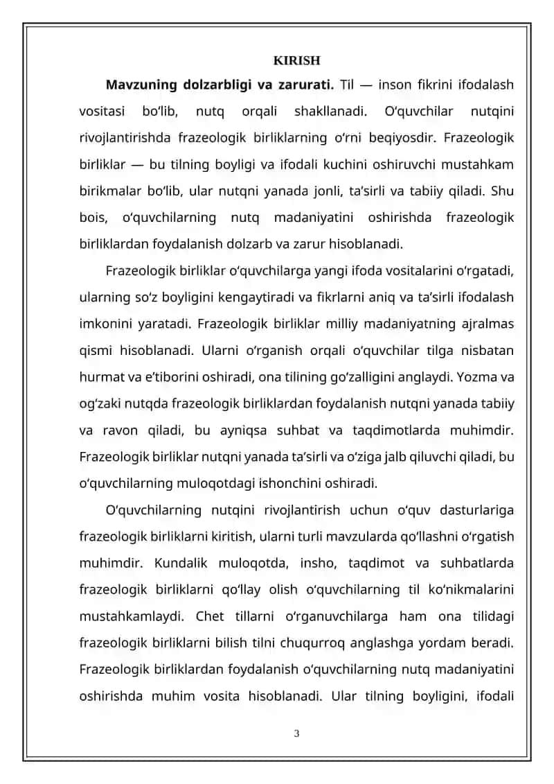 "O‘quvchilar nutqini o‘stirishda frazeologik birliklardan foydalanish" mavzusidagi KURS ISHI 3