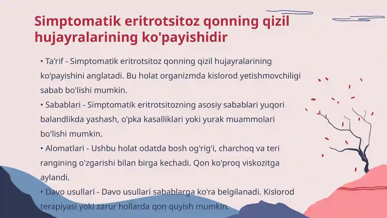 Simptomatik eritrotsitoz. Simptomatik trombotsitopeniya etiologiyasi, patogenezi, klinika, diagnostika va davolash prinsiplari 3