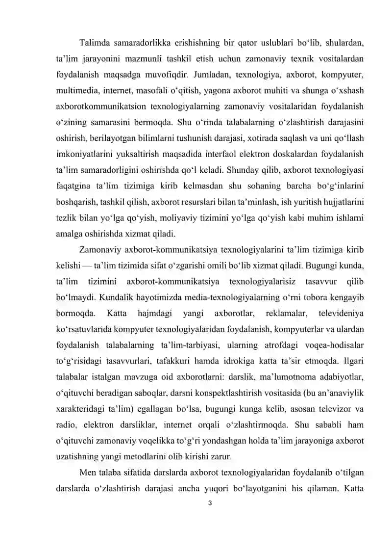 “Professional ta'limda mutaxasislik fanlarini o'qitishda zamonaviy axborot texnologiyalaridan foydalanish” mavzusida tayyorlagan 3