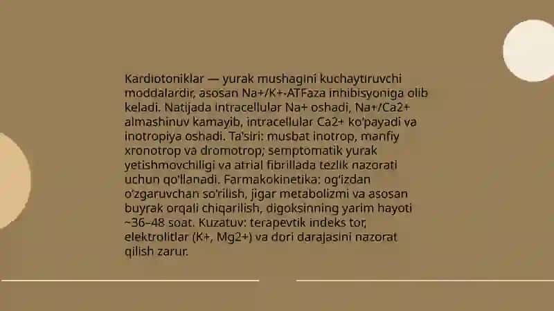 Kardiotoniklar. Antiaritmik vositalar. Kardioprotektorlar va metabotrop vositalar 3