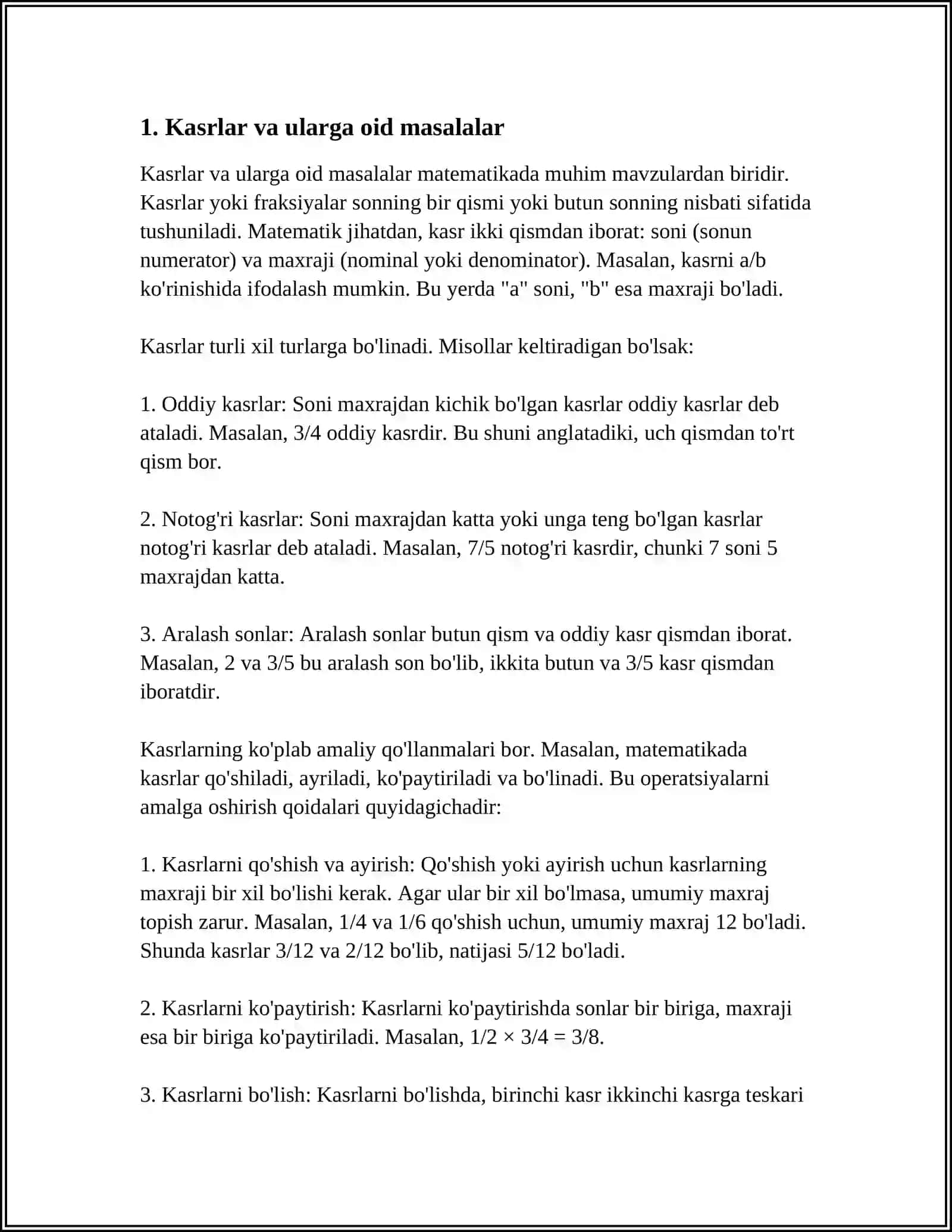 MATEMATIKANING AMALIY TADBIQLARI-KASRLAR,FOIZLAR,NISBATLAR,NOMA'LUM HADNI TOPISHGA DOIR MASALALAR YECHISH 3