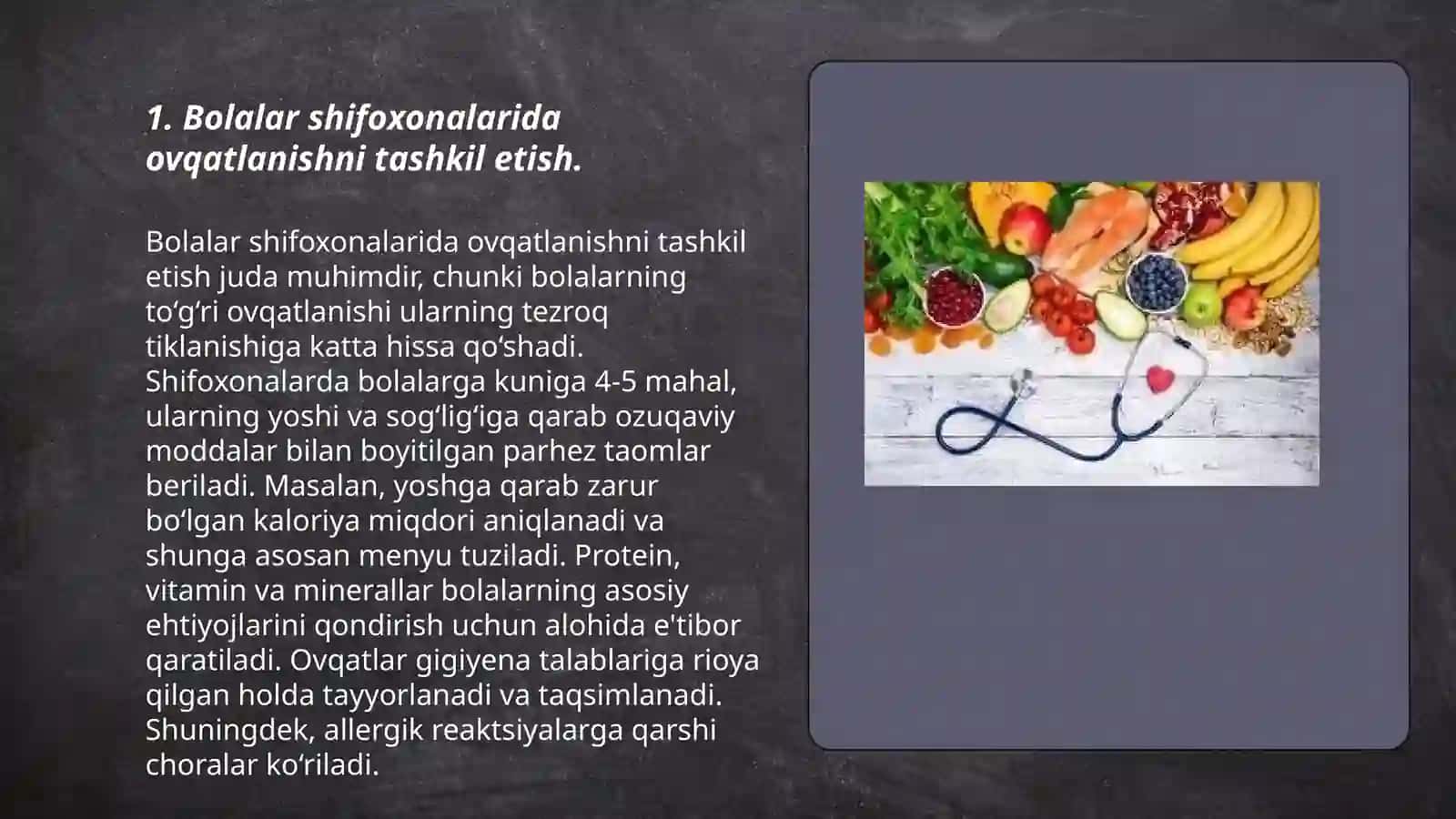 Bolalarni shifoxona sharoitida ovqatlantirishni tashkil qilish. Parhez taomlari. Oshxona va ovqat tarqatish xonasi Jihozlanishi. Idish ovoqlarni yuvish dezinfeksiya qilish 3