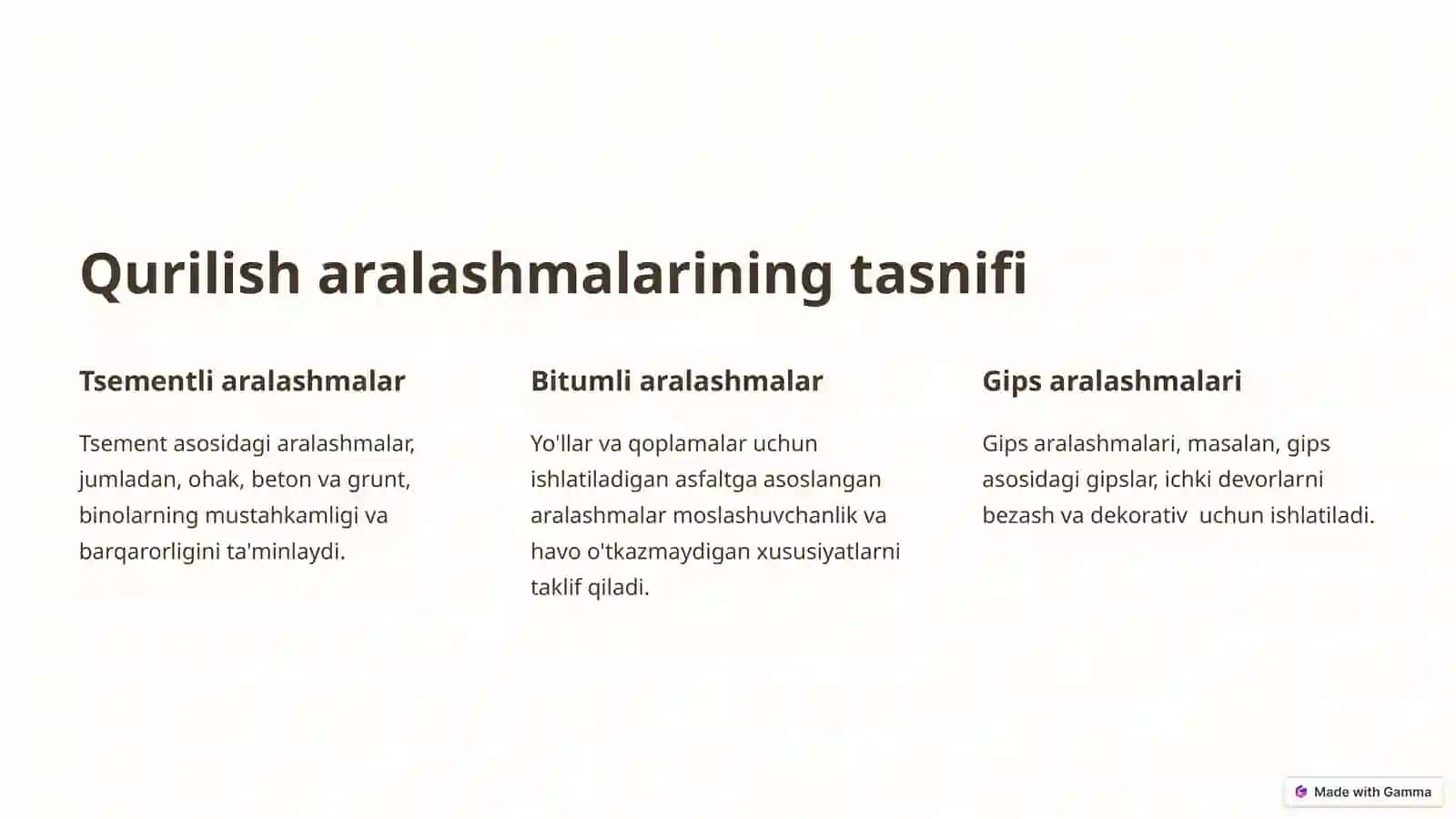 Qurilish qorishmalari. Qurilish qorishmalari, ularning tasnifi, xossalari 3