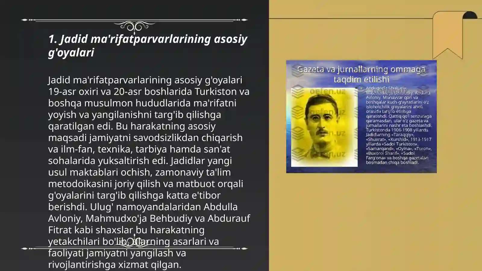 Jadid ma'rifatparvarlaeningoʼlka ijtimoiy maʼnaviy hayotida tutgan oʻrni (Munavvar Qori, Fitrat, Behbudiy, Avloniy) 3