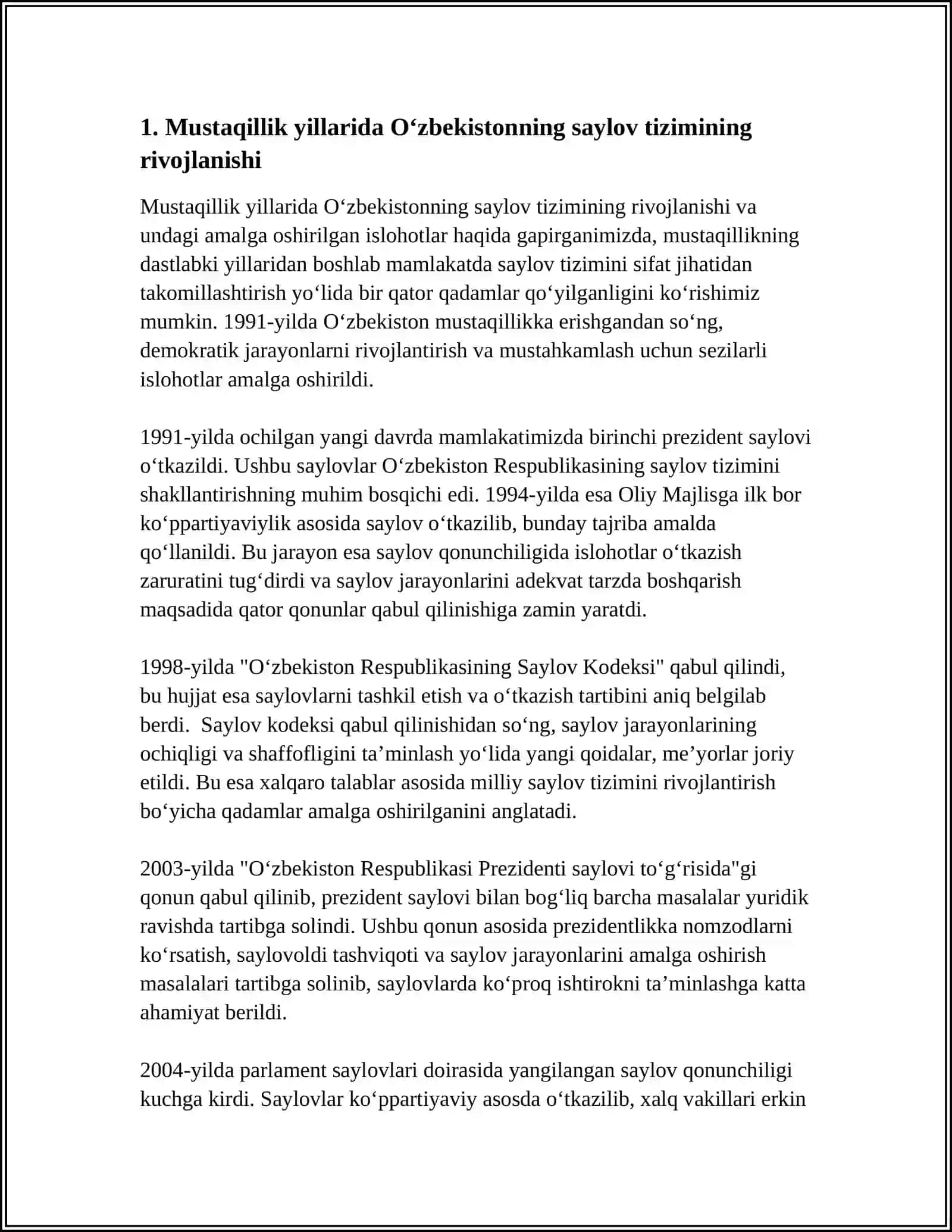 MUSTAQILLIK YILLARI OZBEKISTONDA SAYLOV TIZIMI VA UNDAGI AMALGA OSHIRILGAN ISLOHOTLAR 3