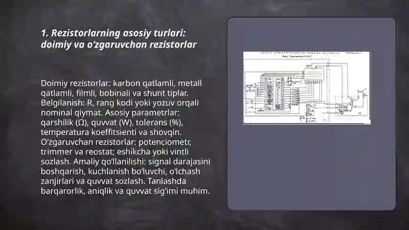 Rezistorlarning turlari, tuzilishi, belgilanishi va amaliy qo'llanilishi 3