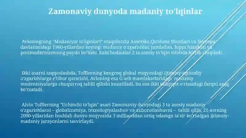 Avlonining "Madaniyat toʻlqinlari " maqolasi va E.Tofflerning "Uchinchi toʻlqin " asarini tahlili 3