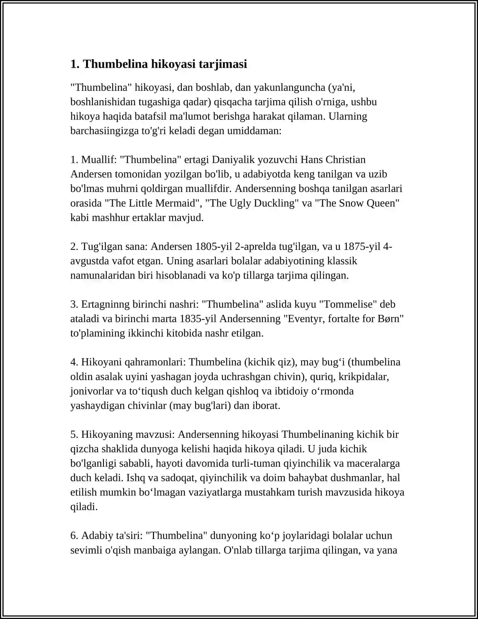 TRANSLATE "THUMBELINA" SHORT STORY 3