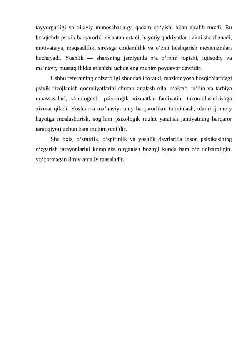 Oʻsmirlik, oʻspirinlik va yoshlik davrlarida inson psixikasining oʻzgarishlari va rivojlanish jarayonlarining xususiyatlari 3