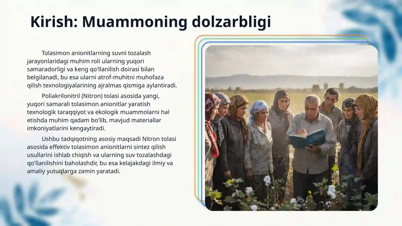 Poliakrilonitril (Nitron) tolasi asosida tolasimon anionit olish 3