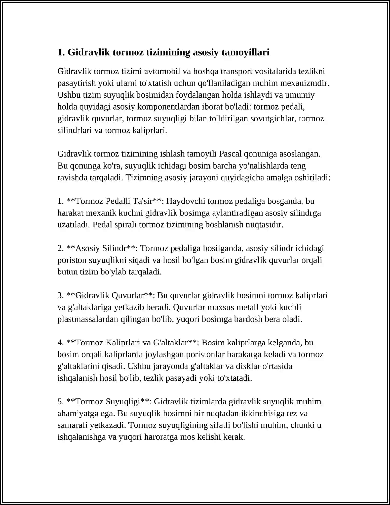 MUSTAQIL ISH Mavzu: GIDRAVLIK TORMIZ TIZIMI 3