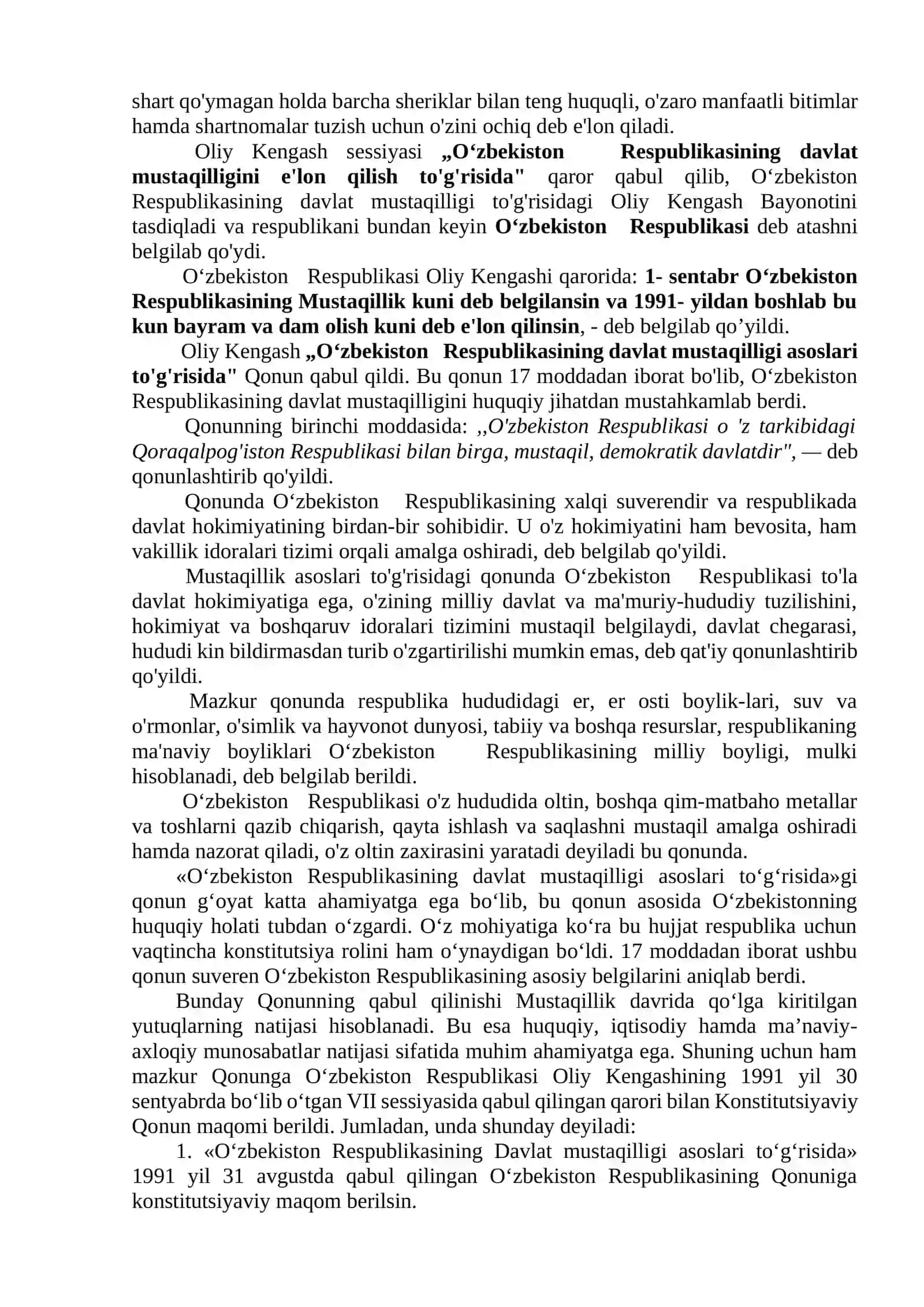 O‘zbekiston Respublikasi mustaqilligining e’lon qilinishi va uning tarixiy ahamiyati 3