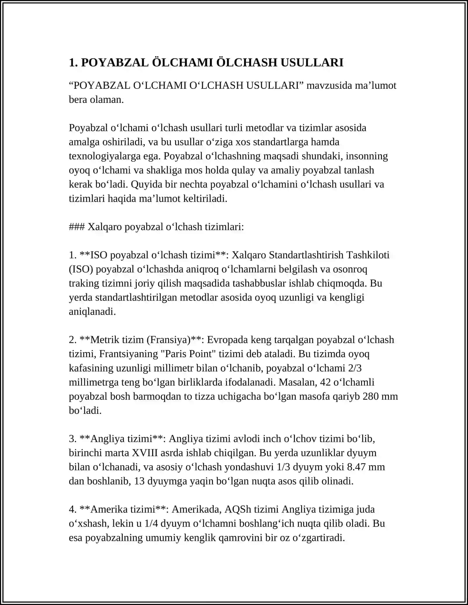 POYABZAL ŌLCHAMI VA TOLALIGINI ANIQLASH YÖLLARINI IZLASH 3
