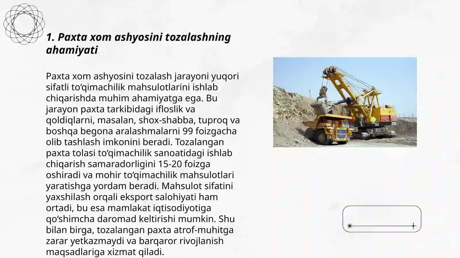 Paxta xom ashyosini mayda iflosliklardan tozalash mavzu 3