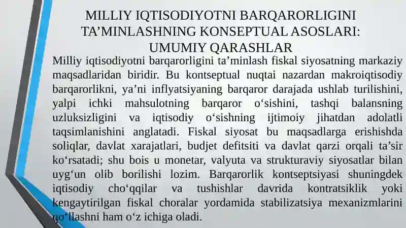 Davlatning iqtisodiyotini va davlat budjetini barqarorligini taʼminlashga qaratilgan moliyaviy siyosati 3