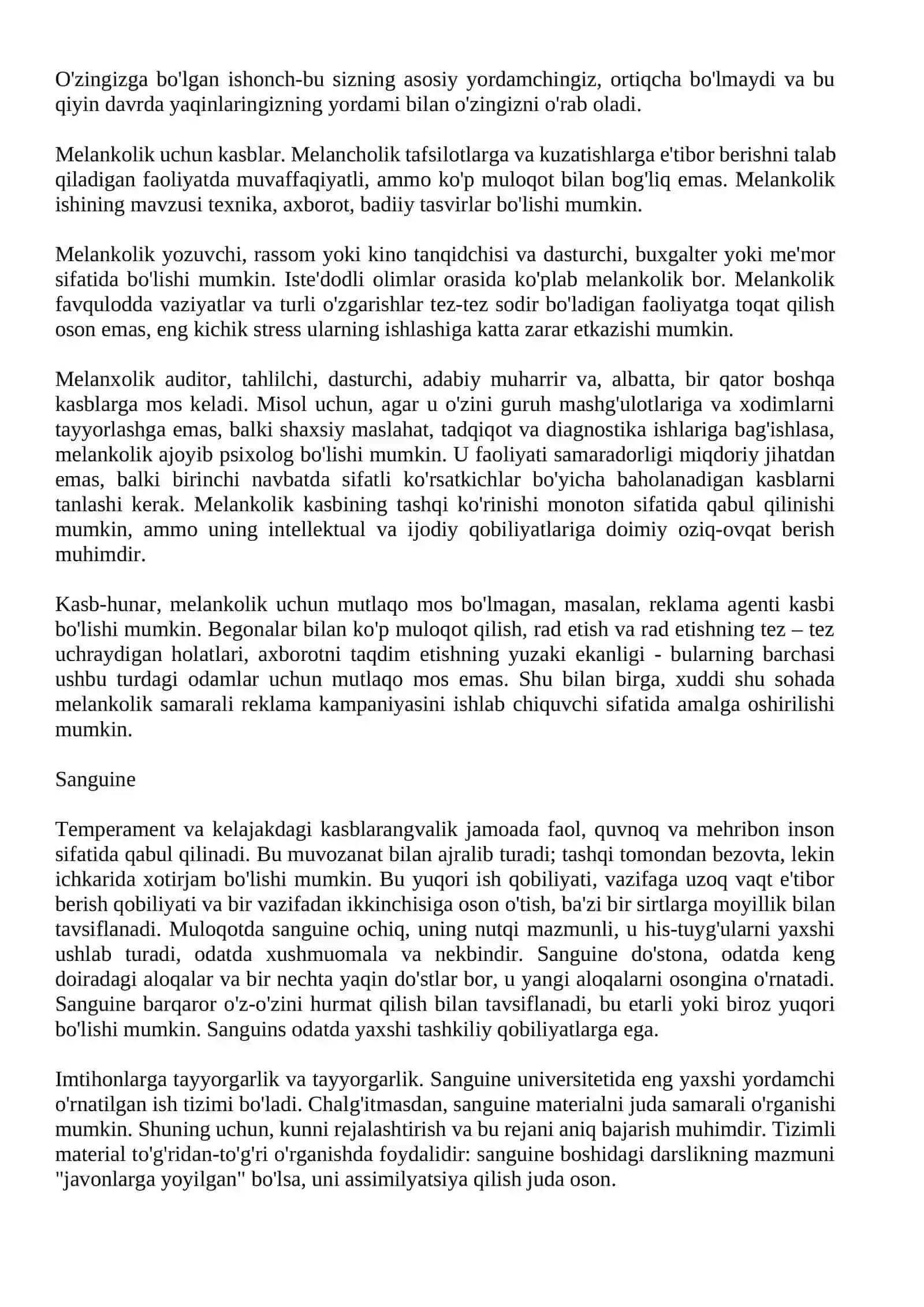 Qanday kasblar vabo, sanguine, flegmatik, melankolik uchun mos keladi 3