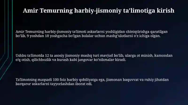 Amir Temurning harbiy-jismoniy ta'limoti 3