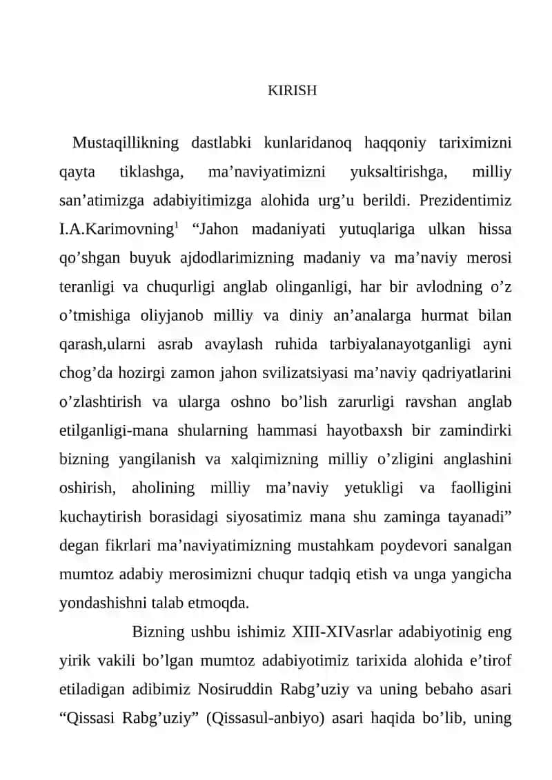 Qissasi Rabg’uziy (Qissasul-anbiyo) o’zbek badiiy nasrining ilk namunasi sifatida Kur ishi 3