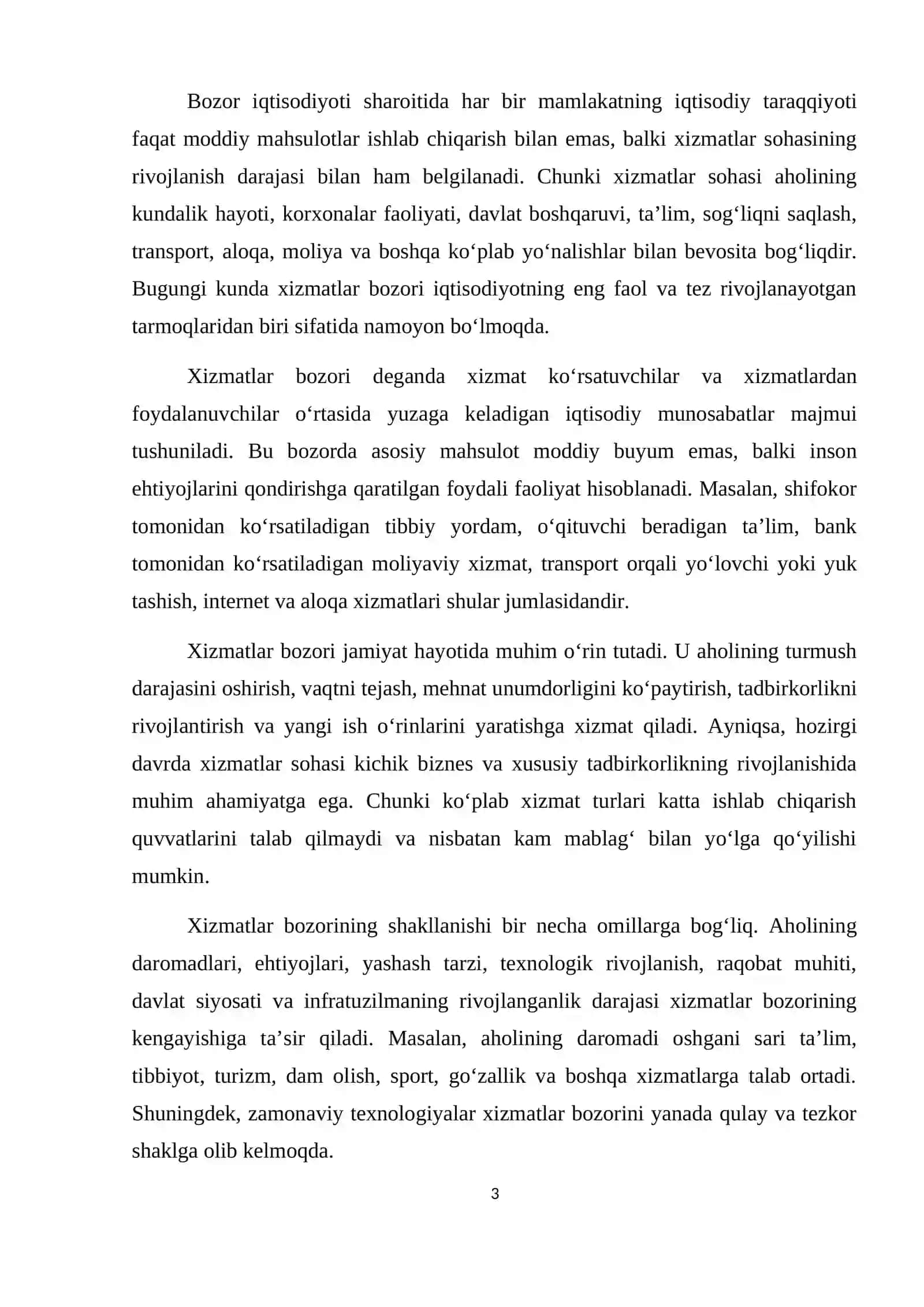Xizmatlar bozori tuzilmasi va shakllanishi, ularning xususiyatlari 3