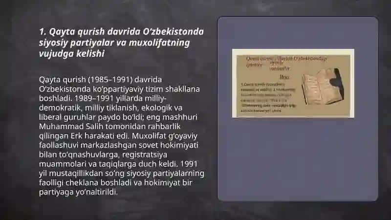 Qayta qurish davrida Oʻzbekistonda siyosiy partiyalar va muxolifatning vujudga kelishi 3