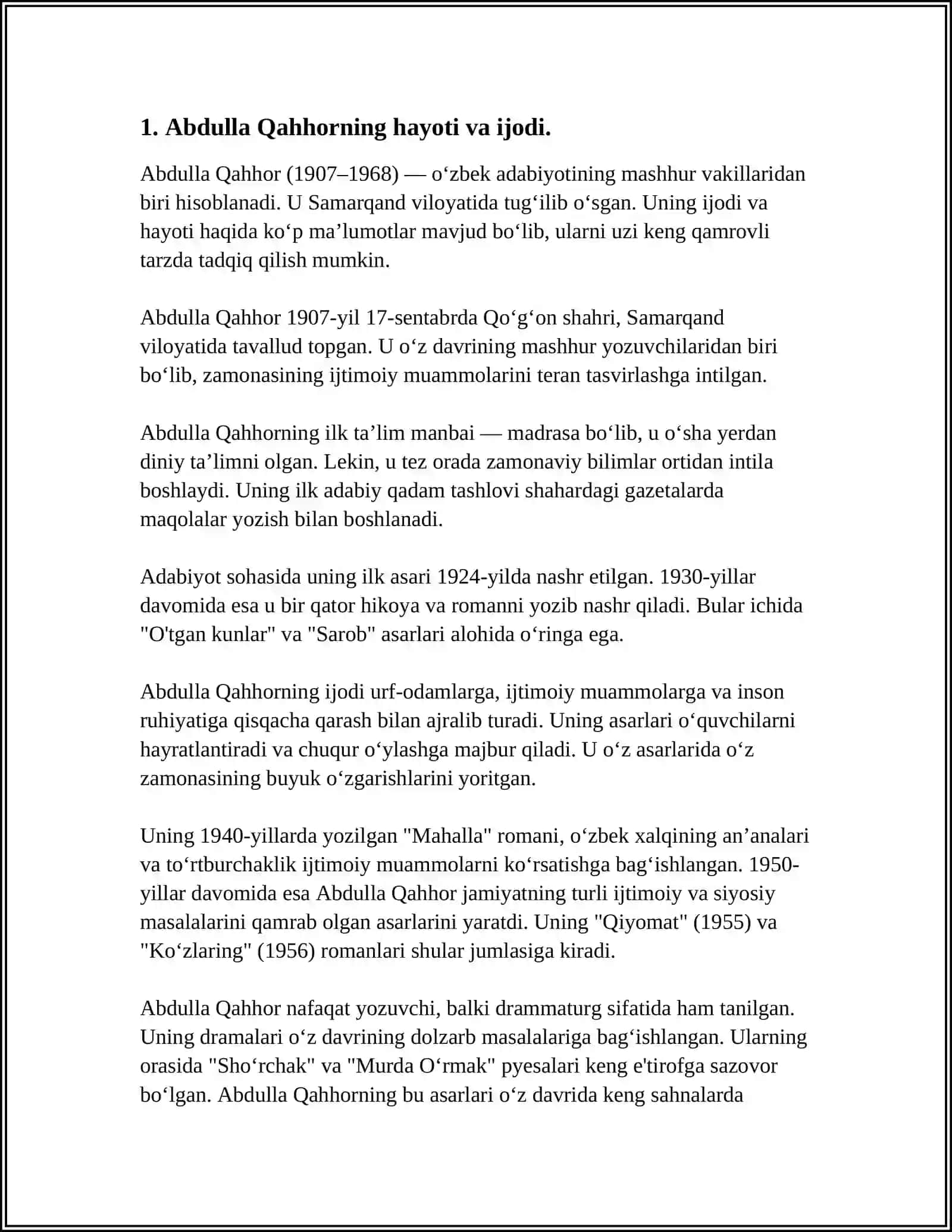 ABDULLA_QAHHORNING ASROR BOBO HIKOYASIDAGI SYUJET ELEMENTLARI, EKSPOZITSIYASI, TUGUN, VOQEALAR RIVOJI, KULIMINATSIYASI KOMPOZITSIYASINI ANIQLASH, OBRAZLARNI GURUHLASH BADIIY TIL VOSITALARINI TOPISH 3
