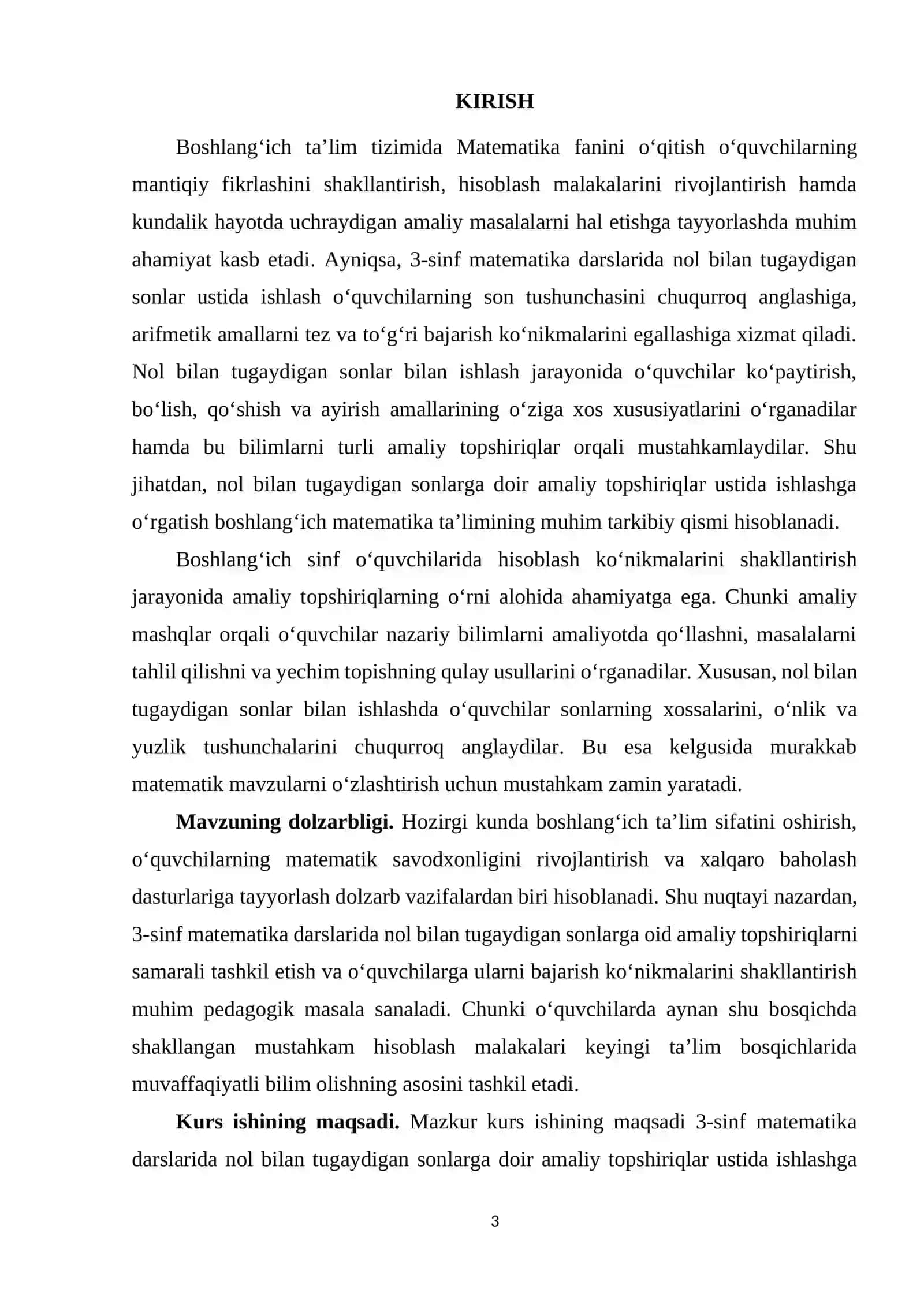 3-sinf matematika darslarida nol bilan tugaydigan sonlarga doir amaliy topshiriqlar ustida ishlashga o’rgatish 3