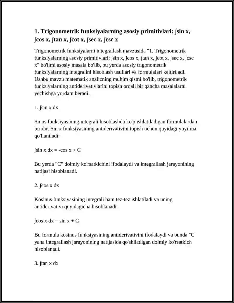 TRIGONOMETRIK FUNKSIYALARNI INTEGRALLASH 3