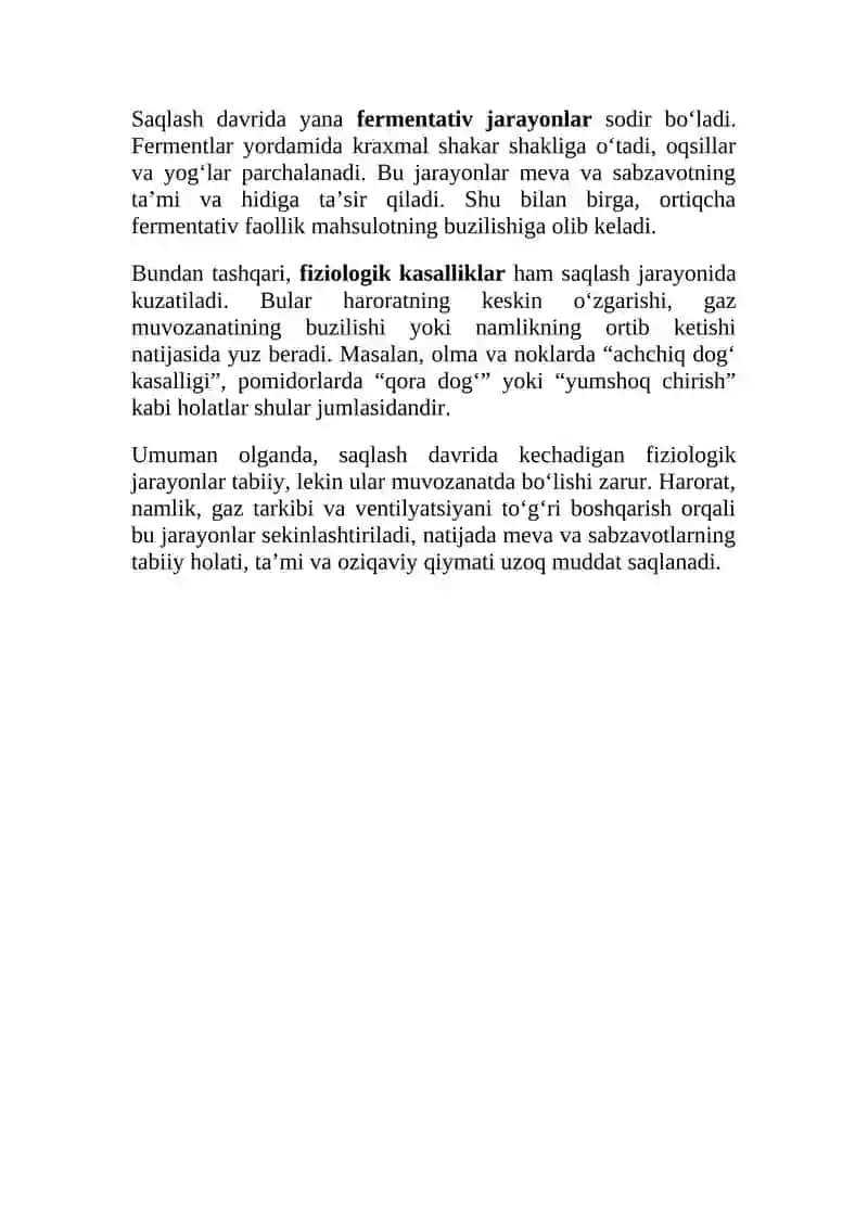 Sabzavоt va mеvalarni saqlash davrida ro`y bеradigan fiziоlоgik jarayonlar. 3