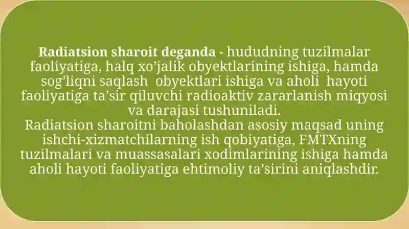 FAVQULOTDA VAZIYATNI BAHOLASH. RADIATSION HOLAT. RADIAKTIV ZARARLANISH MANBALARI. ZONALAR TAVSIFI 3
