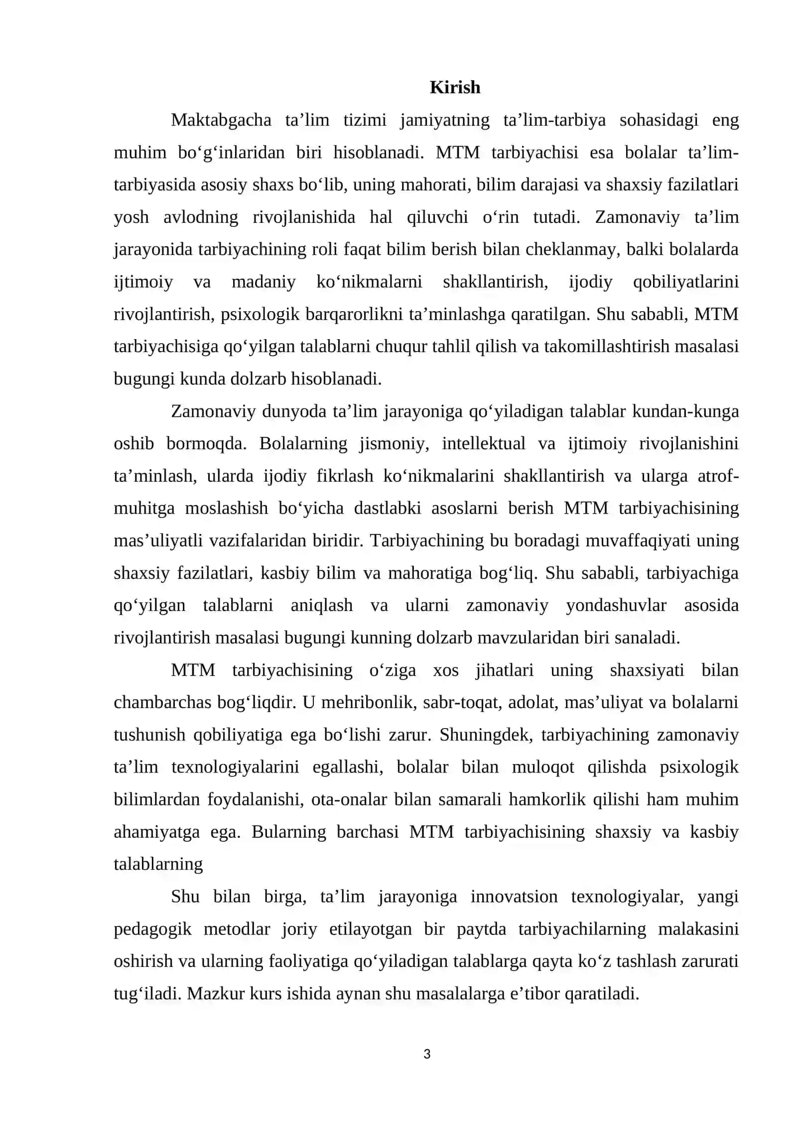 MAKTABGACHA TALIM TASHKILOTI. MTM TARBIYACHISI SHAXSIGA. QOYILGAN TALABLAR 3