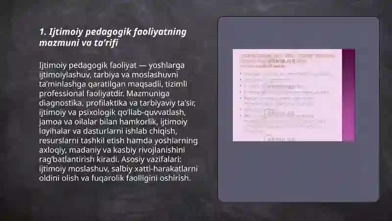 YOSHLAR TARBIYASIDA IJTIMOIY PEDAGOGIK FAOLIYAT MAZMUNI, TUZILMASI VA FUNKSIYALARI. YOSHLAR BILAN ISHLASH 3
