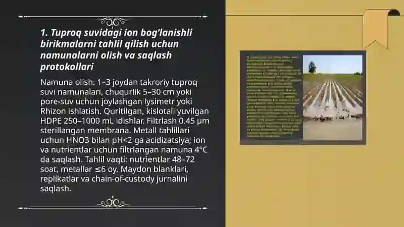 Tuproq suvning ifloslanishida ion bogʻlanishli birikmalarni aniqlab ulardan tozalash gʻoyasini ishlab chiqish 3