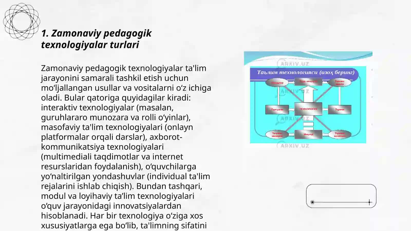 Zamonaviy pedagogik texnalogiyalar tasnifini tuzish.Bialogik ta'lim jarayonining zamonaviy texnologik modelini loyihalashtirish 3