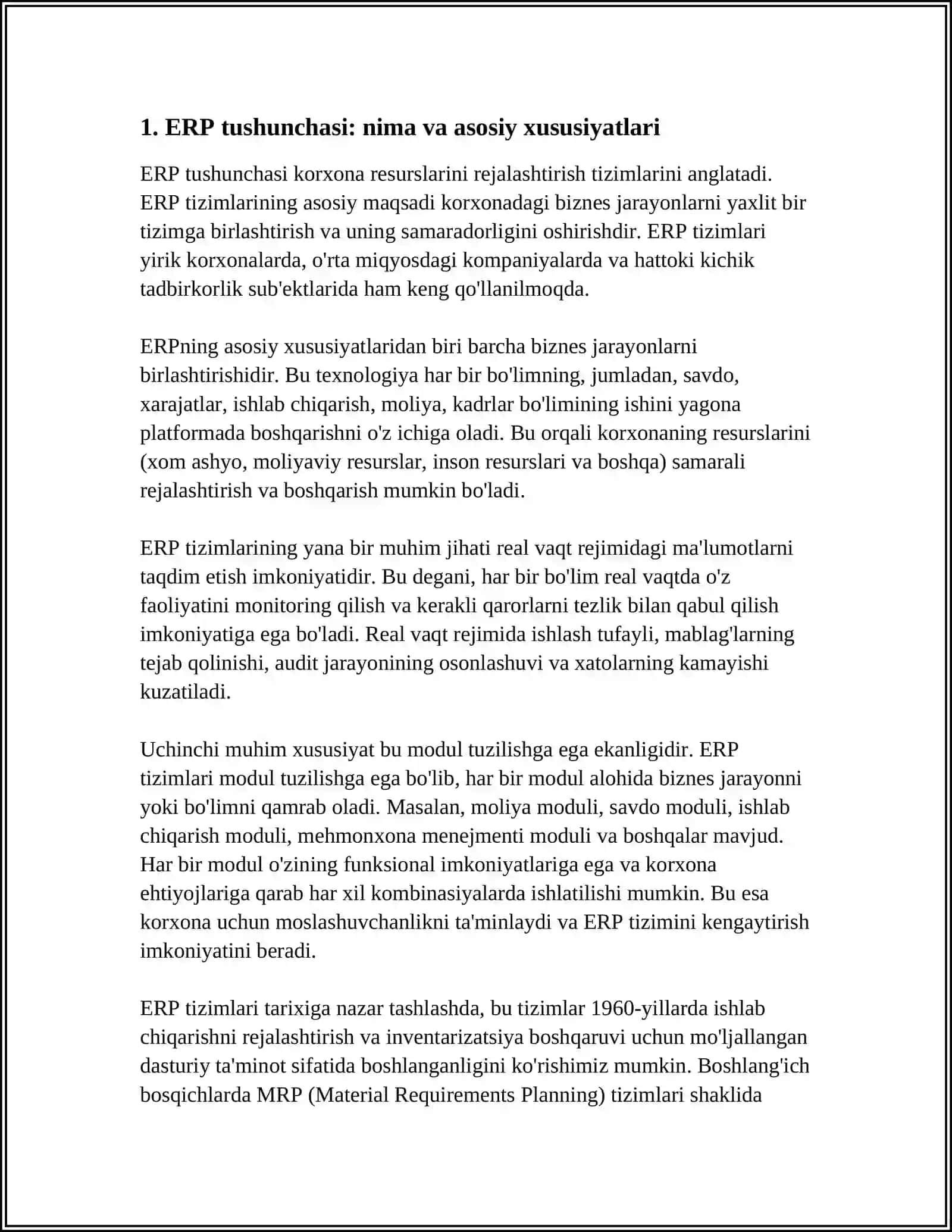 ERP TIZIMLARINING UMUMIY XUSUSIYATLARI VA KORXONA BOSHQARUVIDAGI O'RNI 3