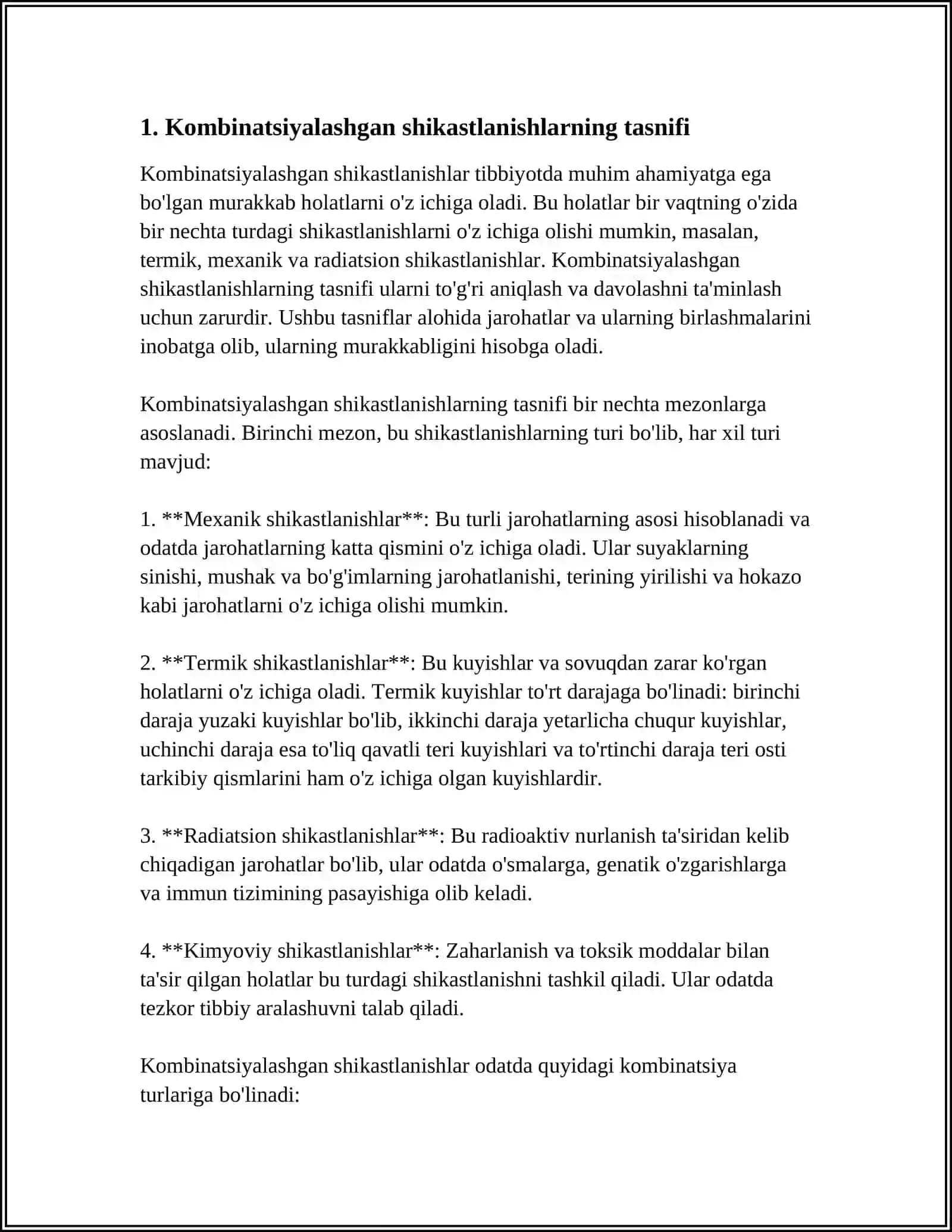 KOMBINATSIYALASHGAN VA QOʻSHIMCHA JAROHATLAR KOMBINIRLANGAN SHIKASTLANISHI QON YOʻQOTISH VA QON QUYISH KOMBINATSIYALANGAN JANGOVOR SHIKASTLARI BIRLAMCHI TIBBIY YORDAM UASH ROLI VA AHAMIYATI 3