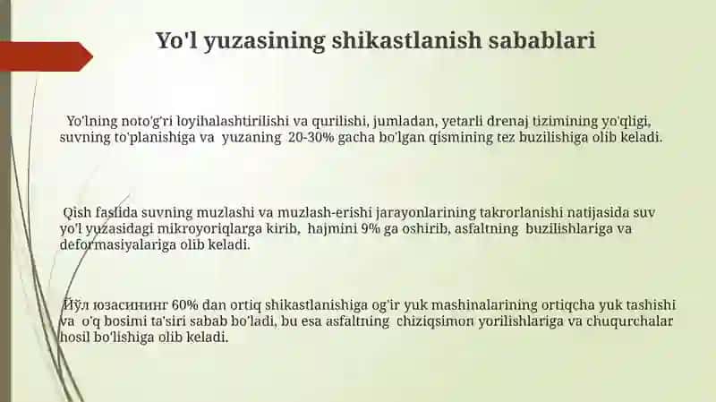 Nobikr yo'l qoplamasi va Toshamasi deformatsiyasi va Buzulishlar 3