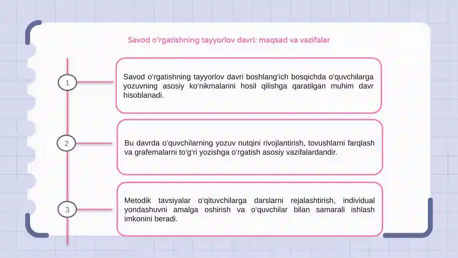 Savod o‘rgatishning tayyorlov davri yozuv darsi uchun metodik tavsiyalar ishlab chiqish 3