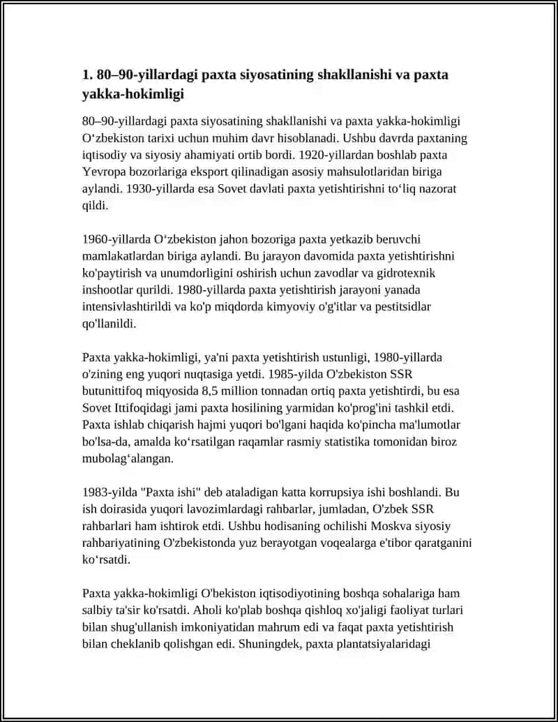 OʻZBEKISTONDA 80-90- YILLARDAGI IJTIMOIY-SIYOSIY VAZIYAT: PAXTA YAKKA HOKIMLIGI VA QATAGʻONLIKLAR 3