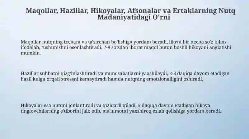 Maqollar, Hazillar, Hikoyalar, Afsonalar va Ertaklarning Nutq Madaniyatidagi O'rni 3