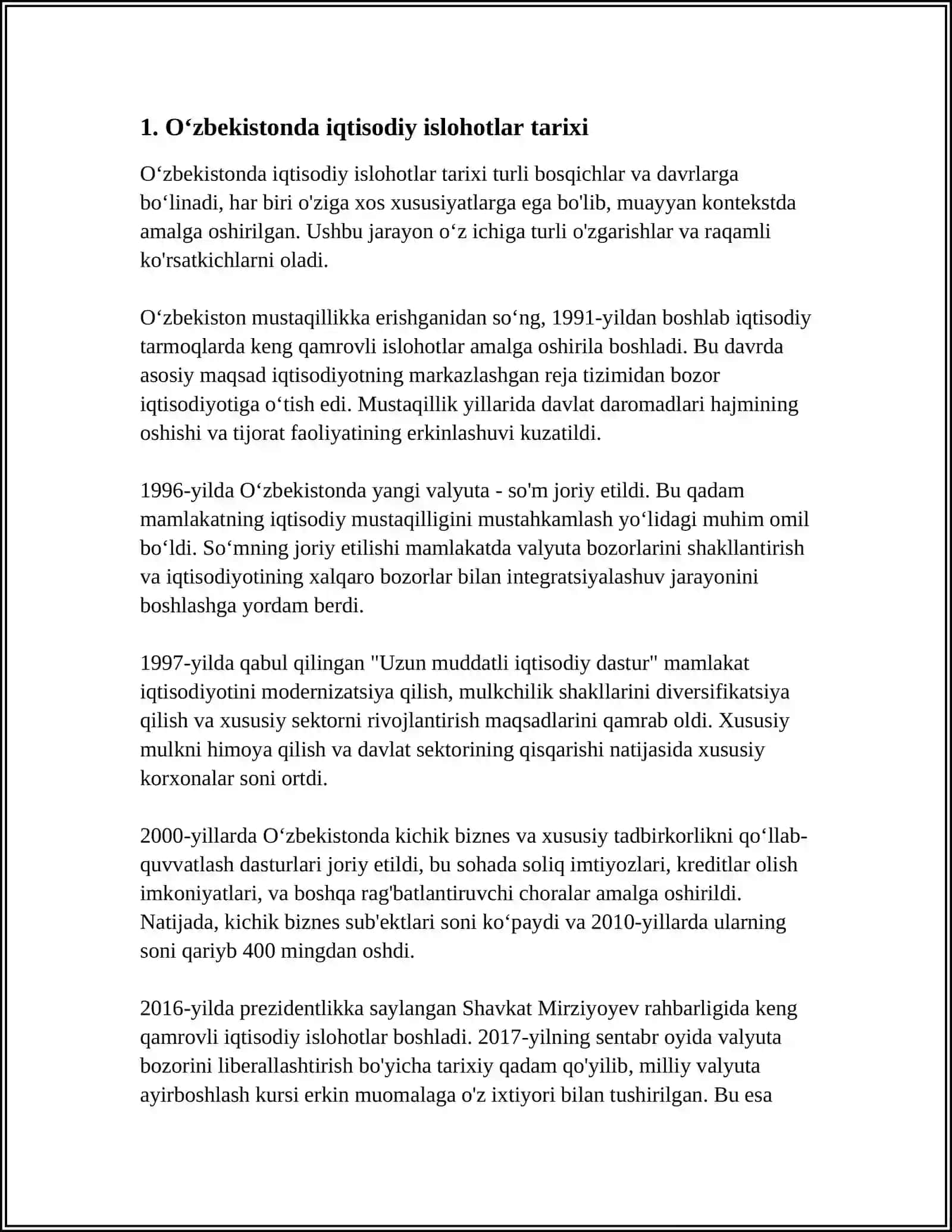 REFERAT Mavzu: OʻZBEKISTON IQTISODIY ISLOHOTLAR VA ISHTIMOIY 3