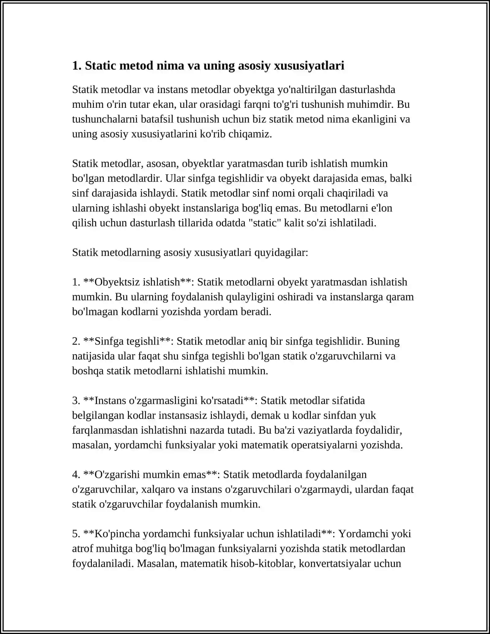 STATIC METOD VA INSTANS METOD O'RTASIDAGI FARQNI TUSHTRING 3