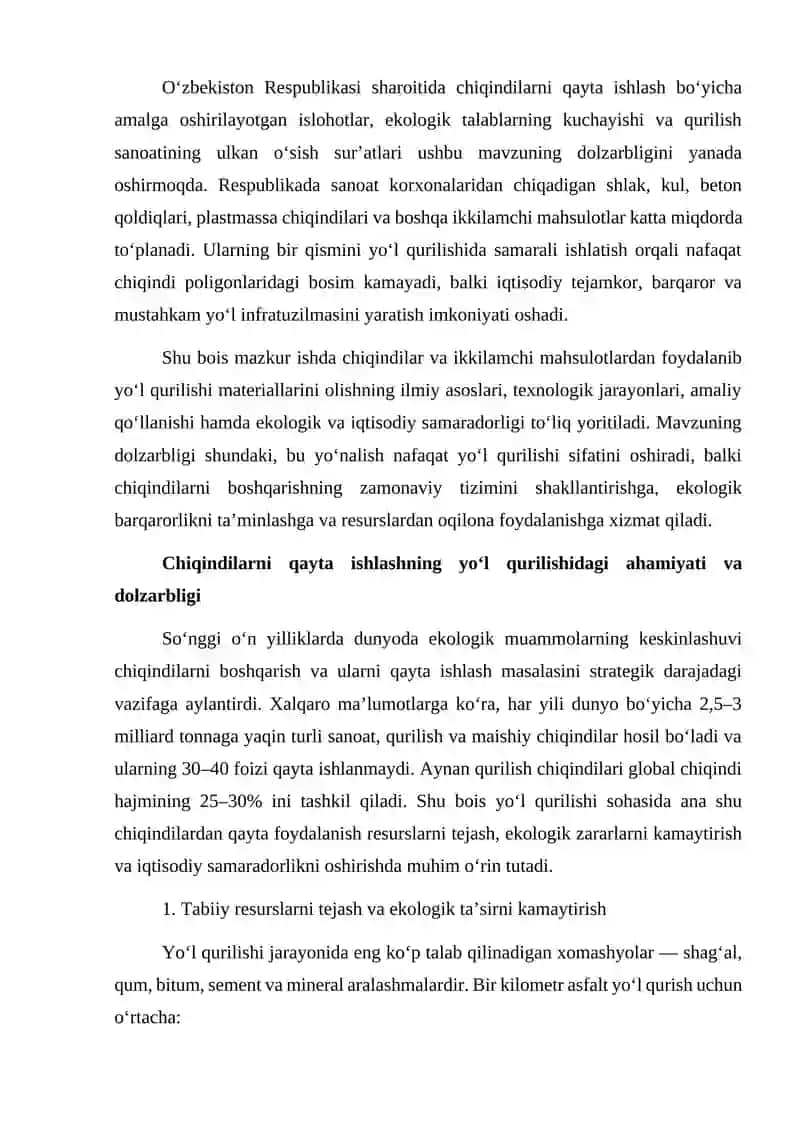 Chiqindilar va ikkilamchi mahsulotlar asosida yo‘l qurilishi materiallarini olish 3