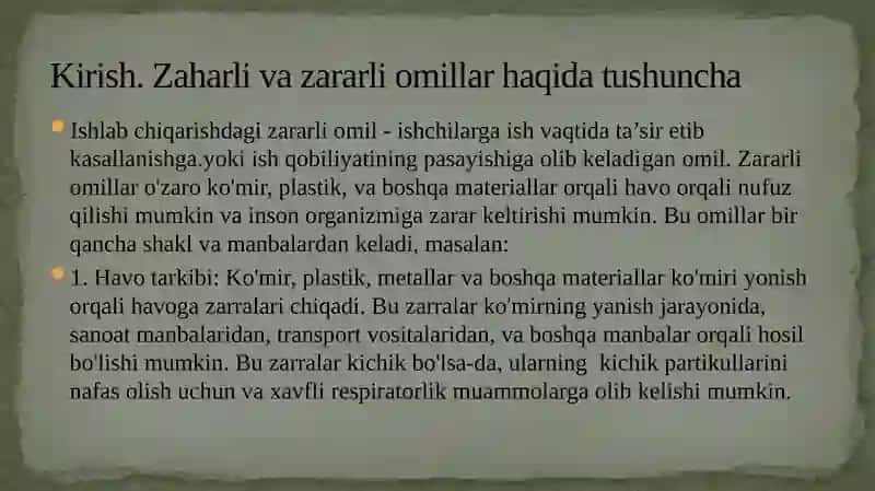 Uskunalardan tarqalayotgan zararli va zaharli omillarini inson organizmiga ta’sirini hisoblash. 3