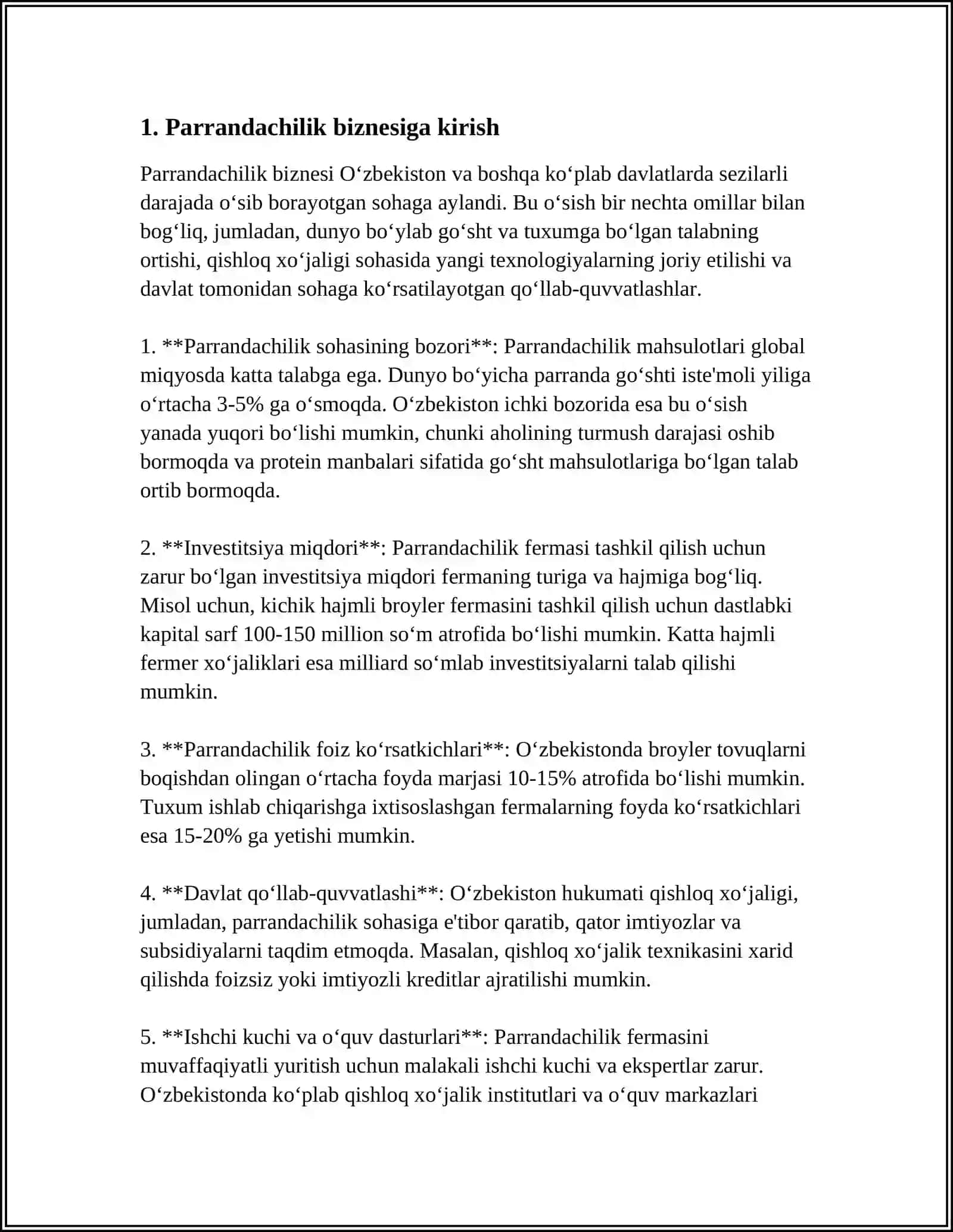PARRANDACHILIK TÕĢRISIDA BIZNES REJA TUZISH 3