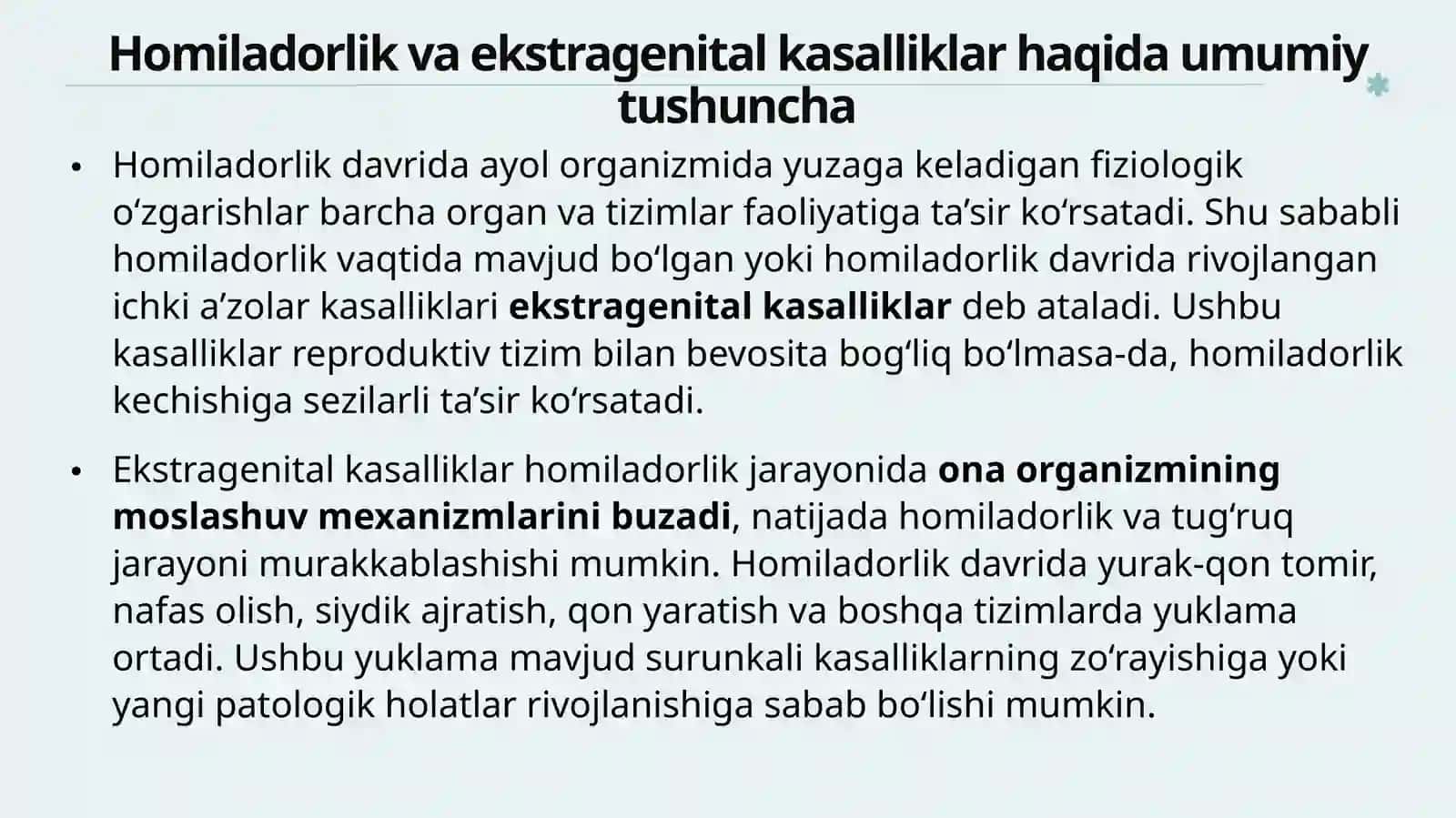 Homiladorlik va ekstragenital kasalliklar kamqonlik siydik yu’li infeksiyasi yurak-qont omir vanafasi solishtizim bilan bog’liq kasalligini boshqarish 3