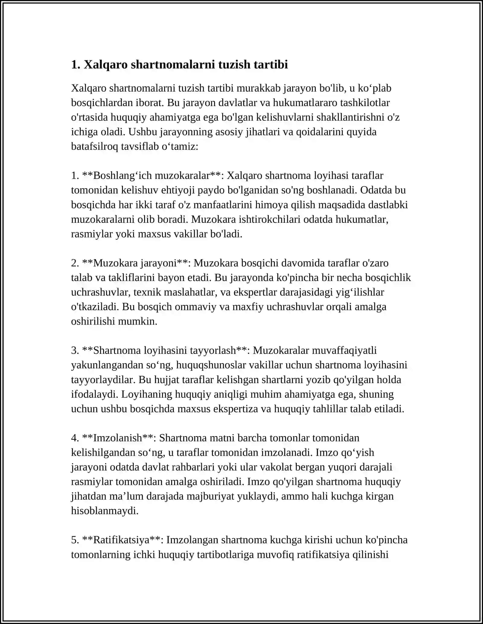 O'ZBEKISTON RESPUBLIKASINING XALQARO SHARTNOMALARNI TUZISH, BAJARISH, TO'XTATIB TURISH VA DENONSATSIYA QILISH 3
