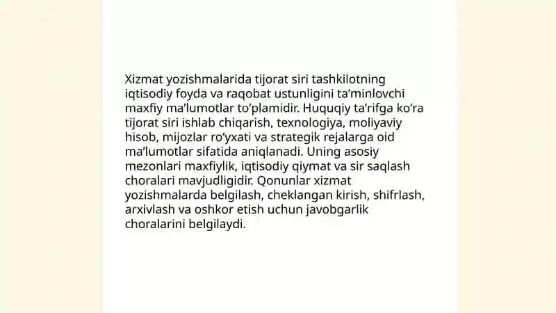 Xizmat yozishmalari etikasi yozishmalarda tijorat siriga amal qilishning huquqiy asoslari Zaripov.J 3