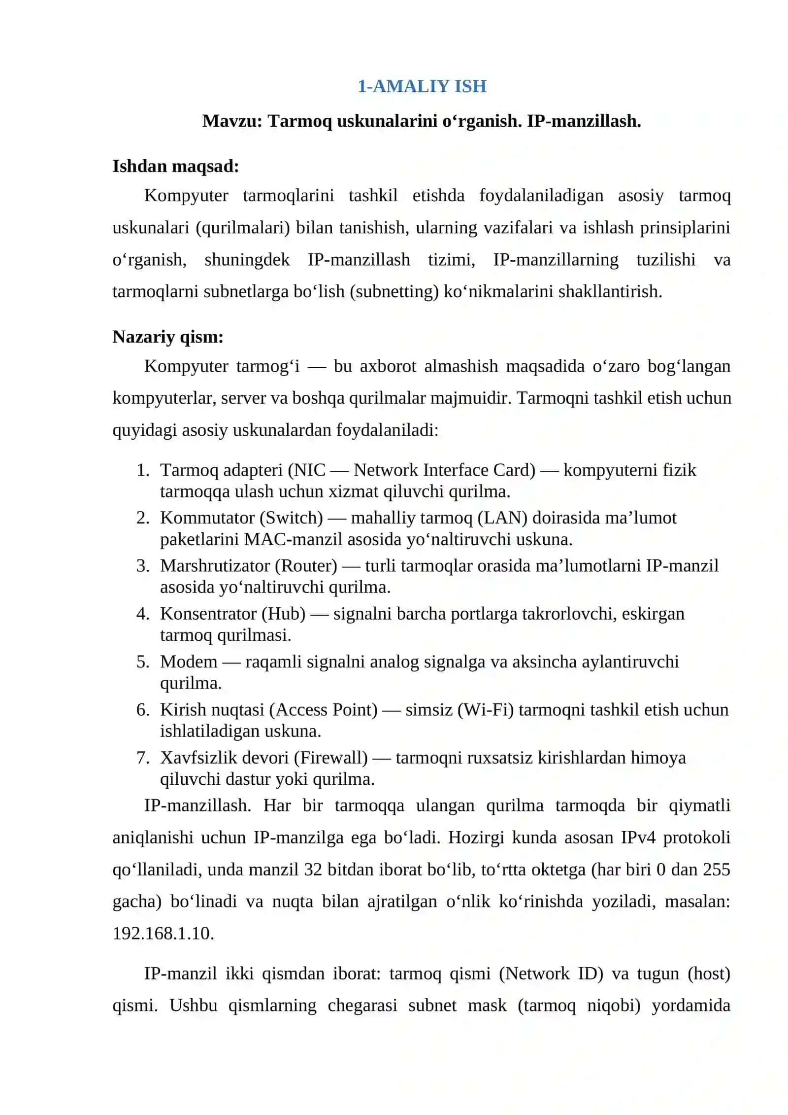 Tarmoq uskunalarini o‘rganish. IP-manzillash 3