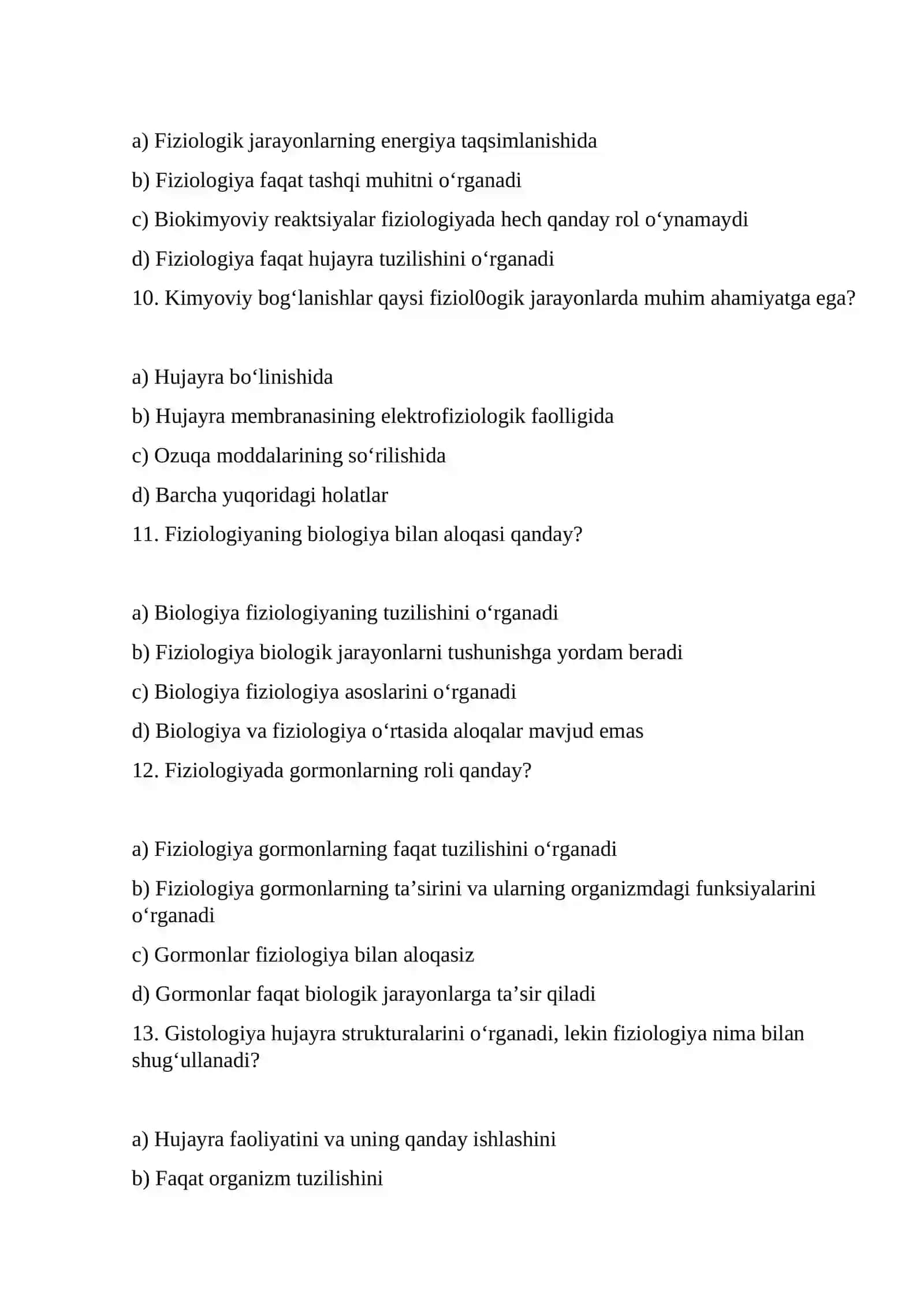 Fiziologiya fanidan tayyorlagan TESTI 3
